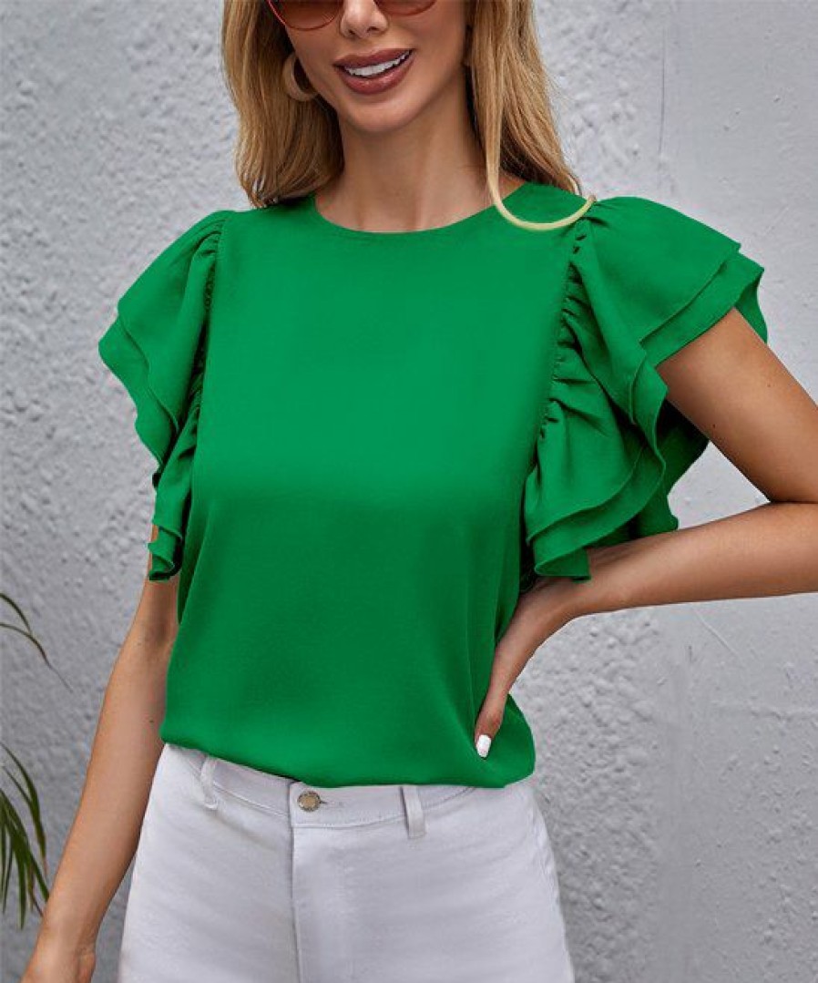 Womens Plus * | Buy Izuria Green Ruffle Flutter-Sleeve Crewneck Top Women