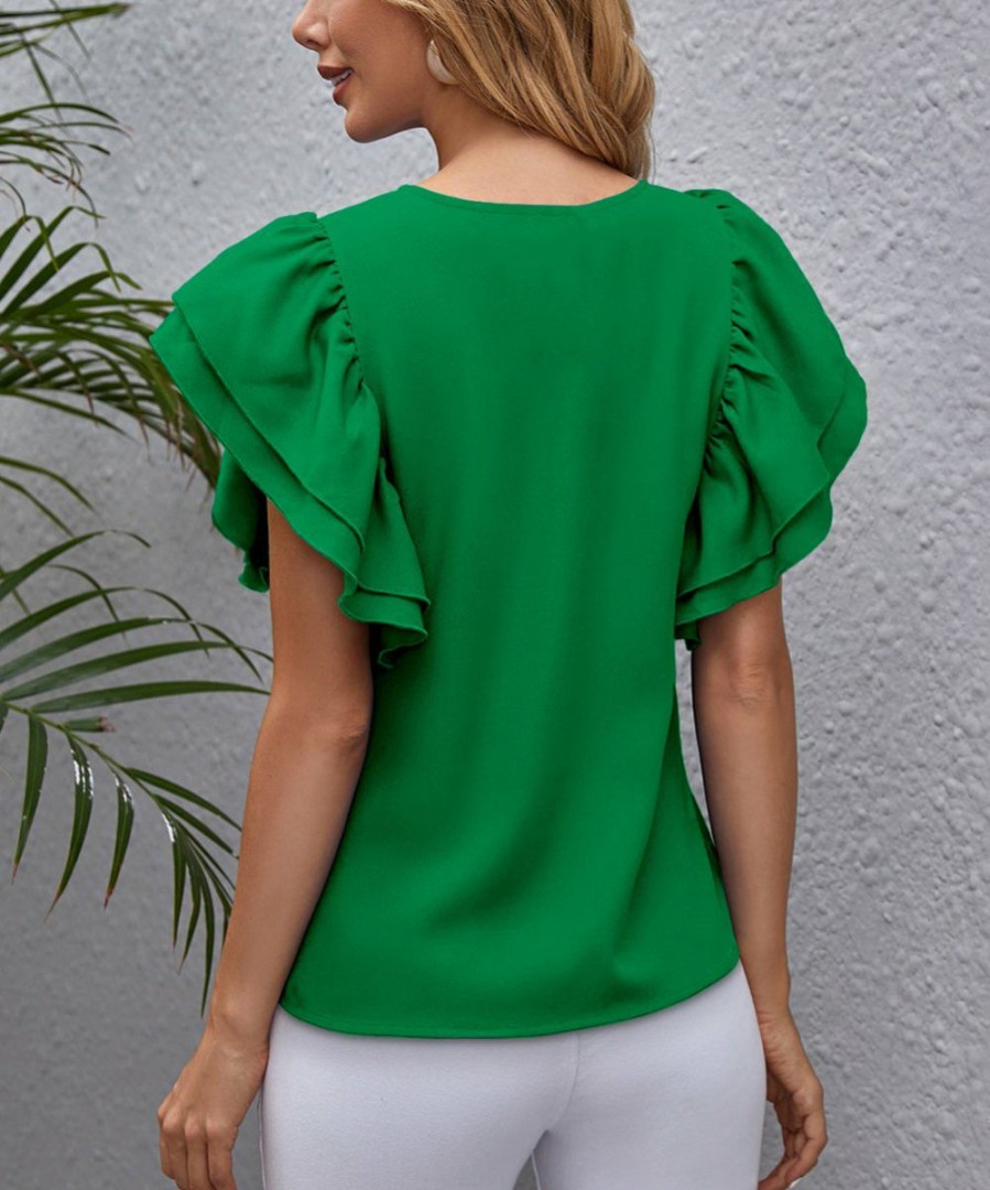 Womens Plus * | Buy Izuria Green Ruffle Flutter-Sleeve Crewneck Top Women