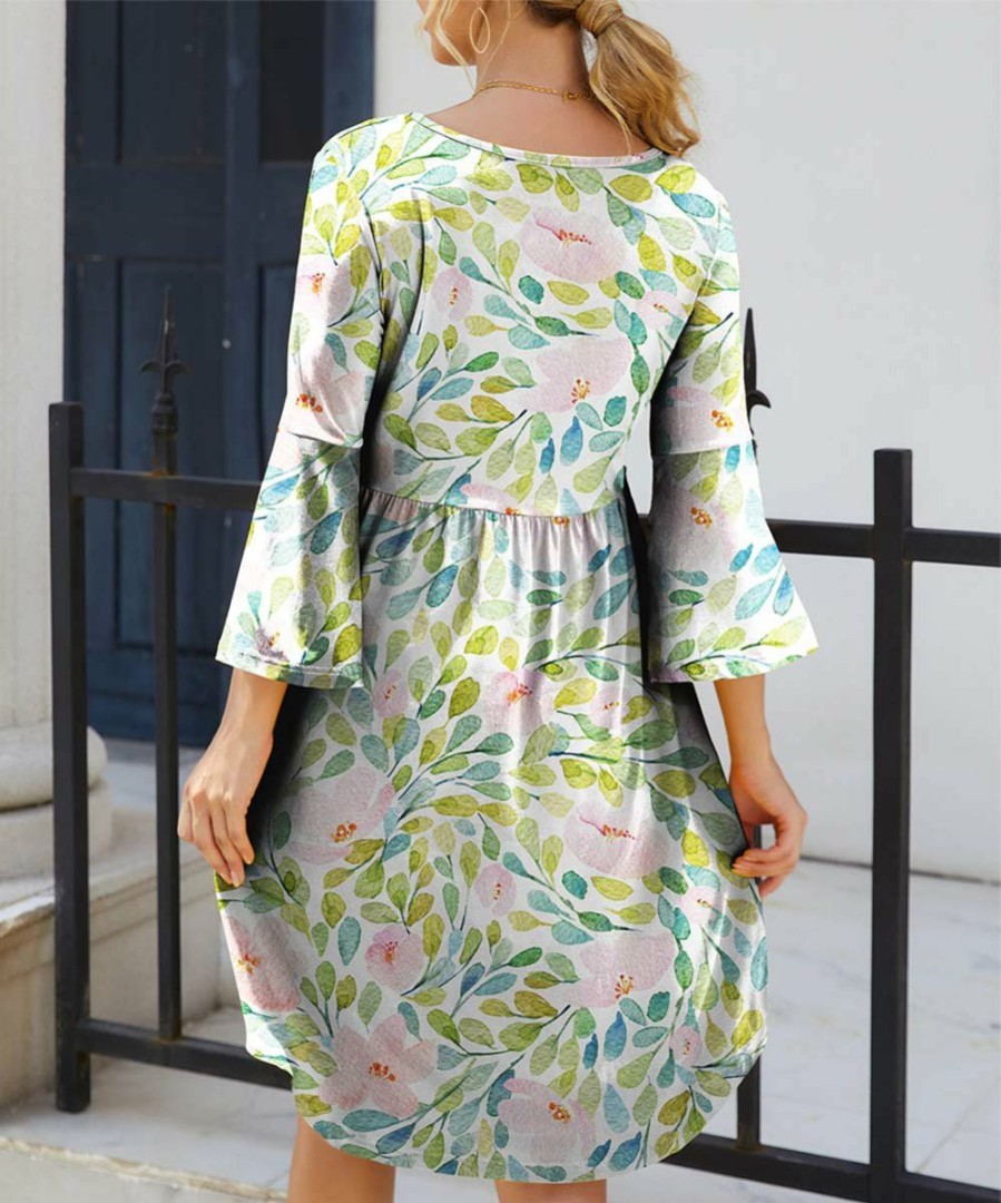 Women * | Top 10 Izuria Green & Pink Floral Three-Quarter Bell-Sleeve Empire-Waist Dress Women & Plus