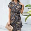 Womens Plus * | Wholesale Izuria Slate Blue & Yellow Floral Belted Short-Sleeve Notch Neck Shift Dress Women