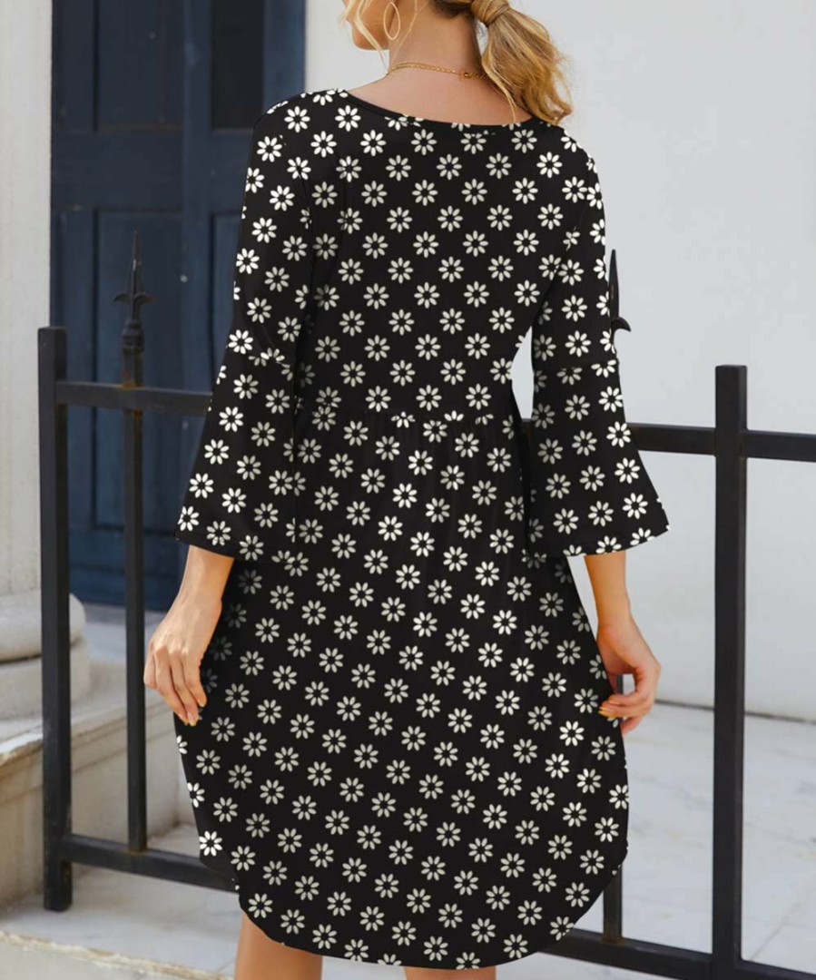 Women * | Best Reviews Of Izuria Black & White Floral Three Quarter-Sleeve Empire-Waist Dress Women