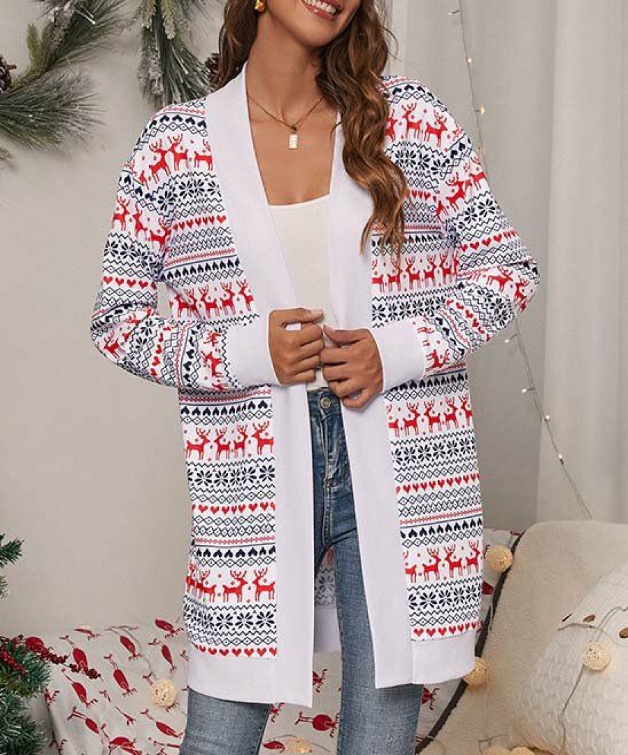 Women * | Coupon Izuria Red & White Hearts Reindeer Longline Open Cardigan Women