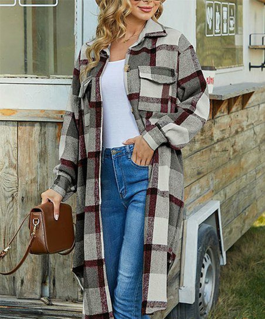 Women * | Budget Izuria Gray & Red Plaid Longline Button-Up Shacket Plus