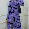 Women * | Wholesale Izuria Purple & Black Skull Bat Long-Sleeve Ruffle-Hem Midi Dress Plus