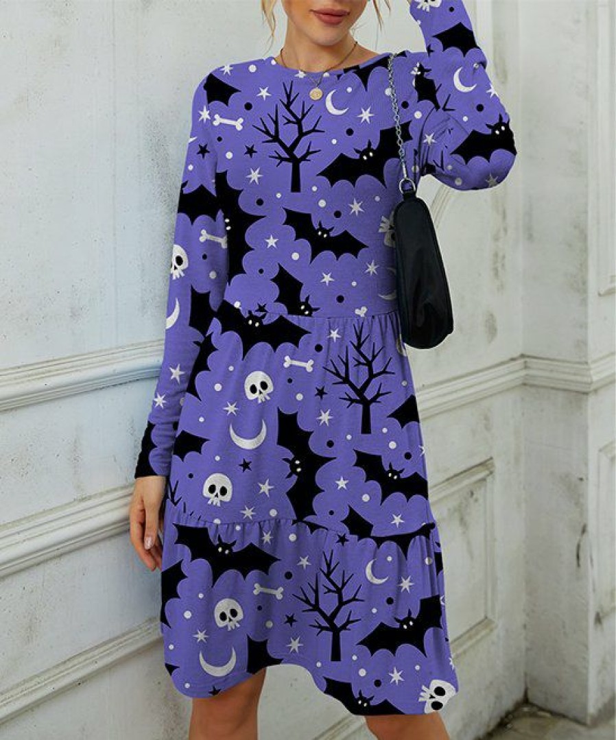 Women * | Wholesale Izuria Purple & Black Skull Bat Long-Sleeve Ruffle-Hem Midi Dress Plus