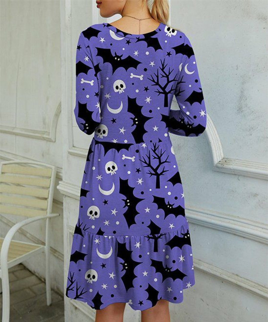 Women * | Wholesale Izuria Purple & Black Skull Bat Long-Sleeve Ruffle-Hem Midi Dress Plus