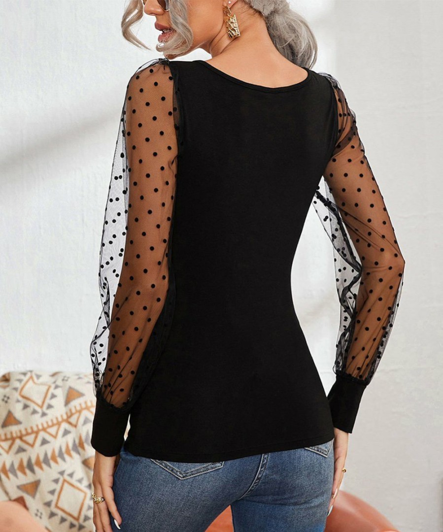 Women * | Best Pirce Izuria Black Sheer Swiss Dot Long-Sleeve Square Neck Top Women