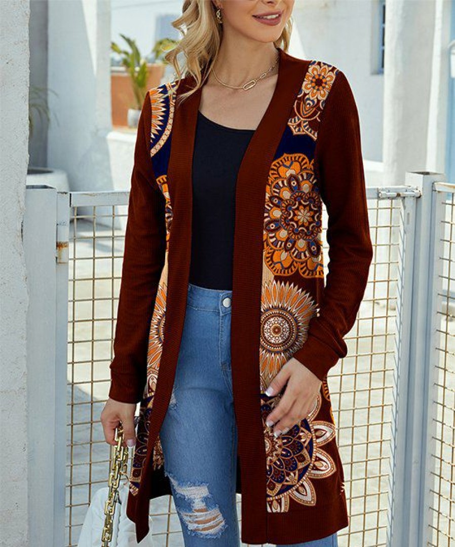 Womens Plus * | Discount Izuria Brown & Orange Medallion Waffle-Knit Longline Open Cardigan Women