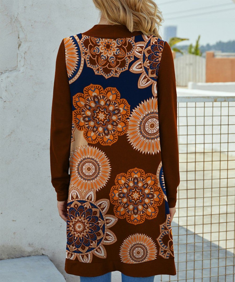 Womens Plus * | Discount Izuria Brown & Orange Medallion Waffle-Knit Longline Open Cardigan Women