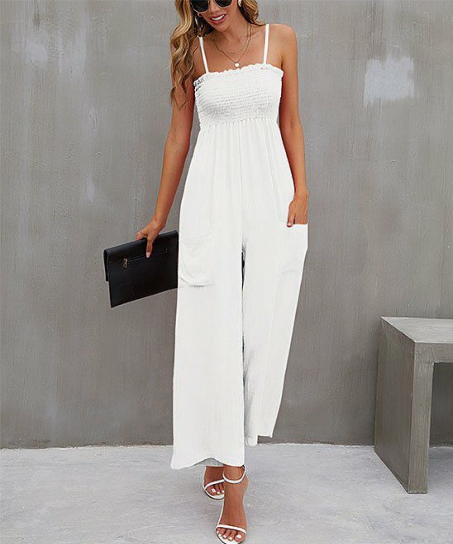 Women * | Buy Izuria White Smocked Palazzo Jumpsuit Women