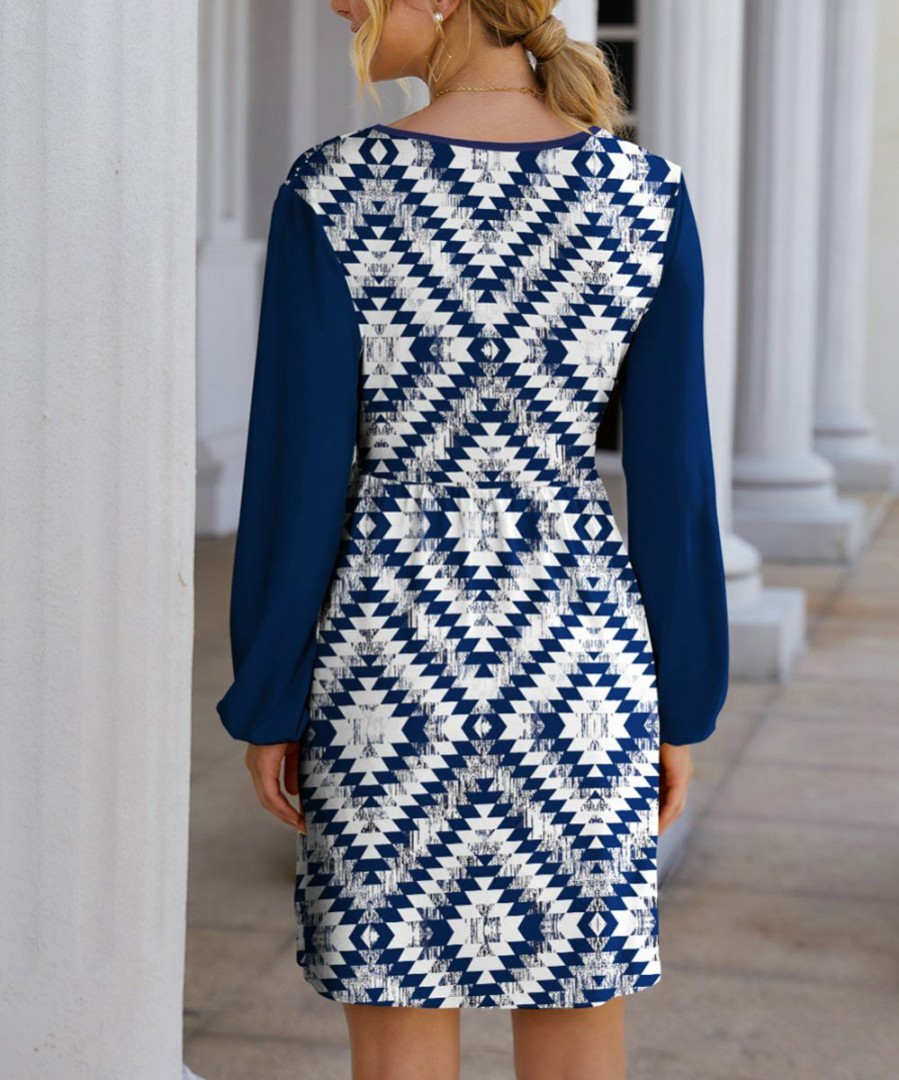 Women * | Discount Izuria Blue & White Geometric Long-Sleeve Empire-Waist Surplice Dress Women