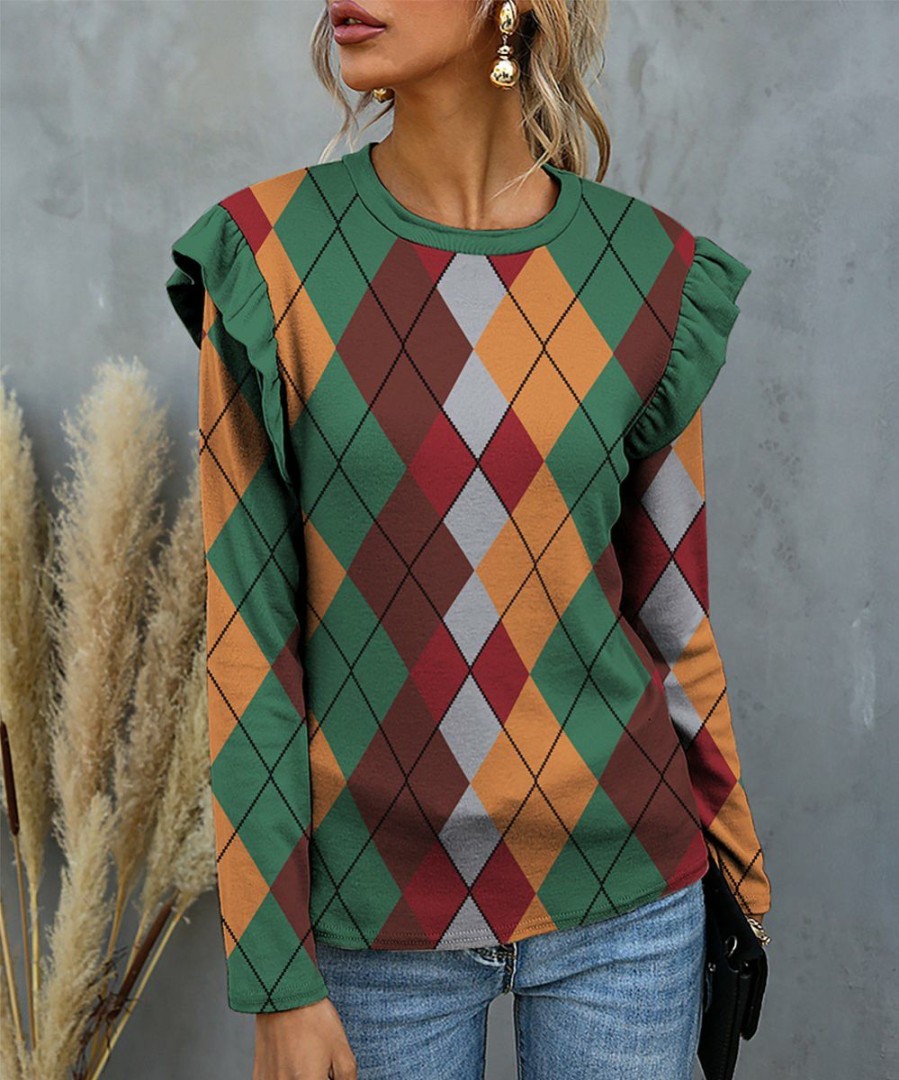 Womens Plus * | Best Sale Izuria Green & Orange Argyle Ruffle Long-Sleeve Crewneck Top Women