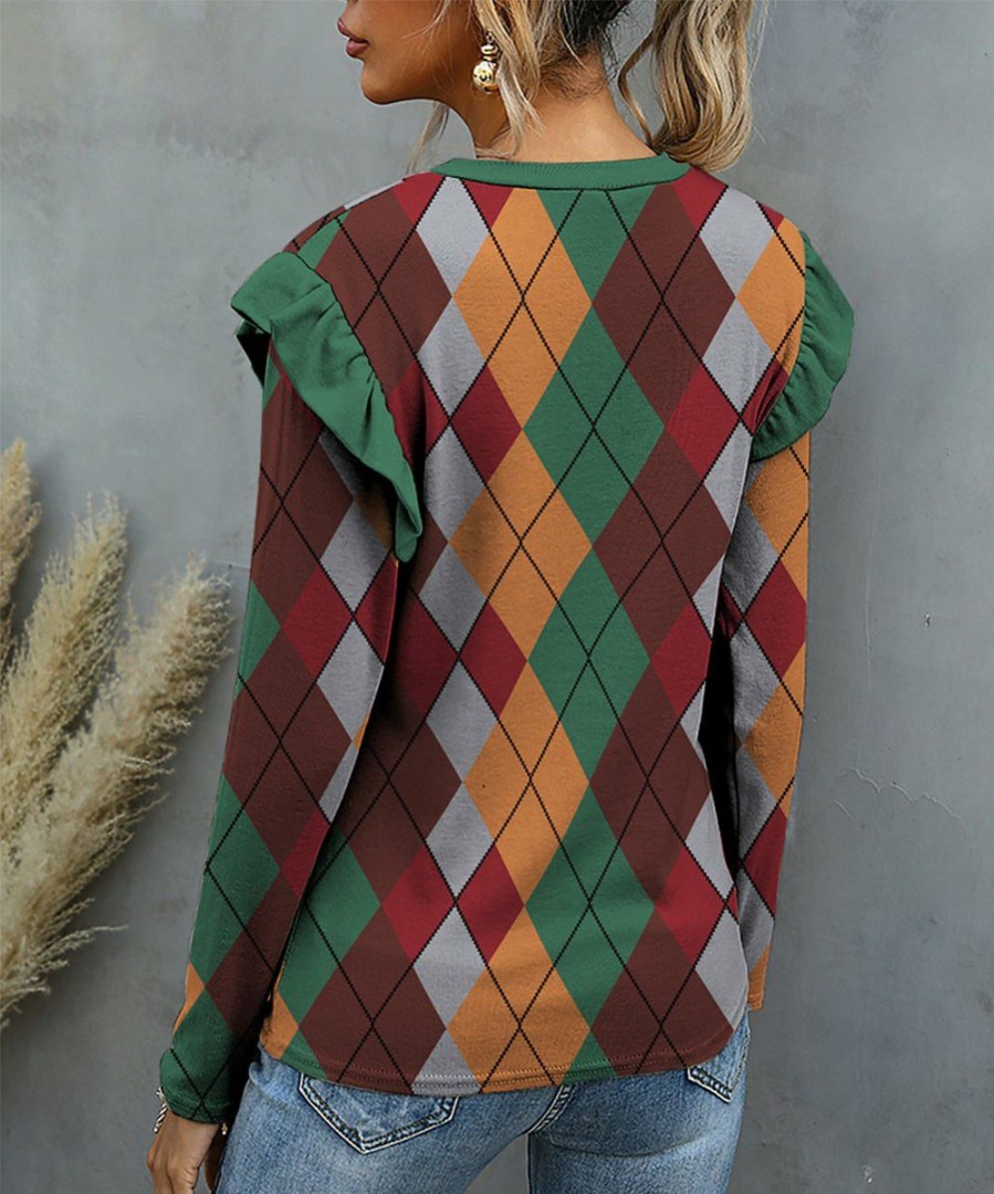 Womens Plus * | Best Sale Izuria Green & Orange Argyle Ruffle Long-Sleeve Crewneck Top Women