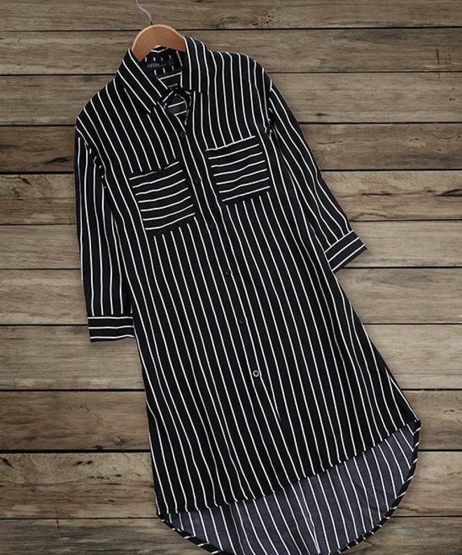 Women * | Discount Izuria Black Stripe Pocket Longline Hi-Low Button-Up Women