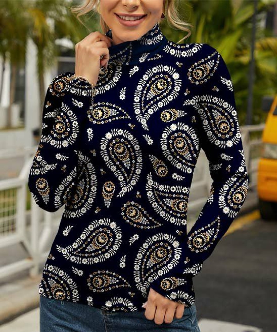 Womens Plus * | Discount Izuria Navy & White Paisley Floral-Accent Long-Sleeve Mock Neck Top Plus