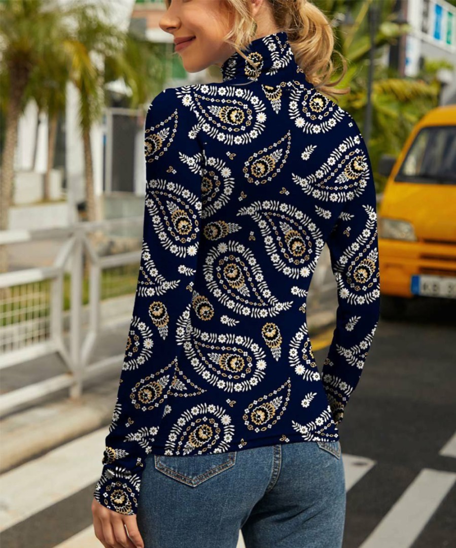 Womens Plus * | Discount Izuria Navy & White Paisley Floral-Accent Long-Sleeve Mock Neck Top Plus