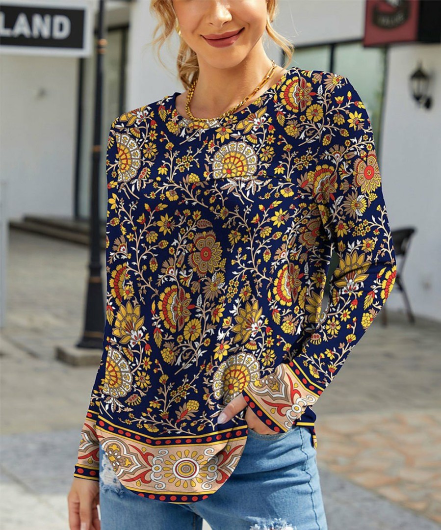 Womens Plus * | Top 10 Izuria Navy & Yellow Floral Crewneck Long-Sleeve Top Women