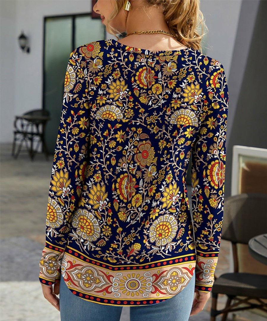 Womens Plus * | Top 10 Izuria Navy & Yellow Floral Crewneck Long-Sleeve Top Women