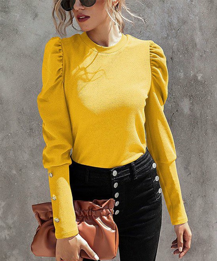 Womens Plus * | Cheap Izuria Yellow Button Mutton-Sleeve Crewneck Top Plus