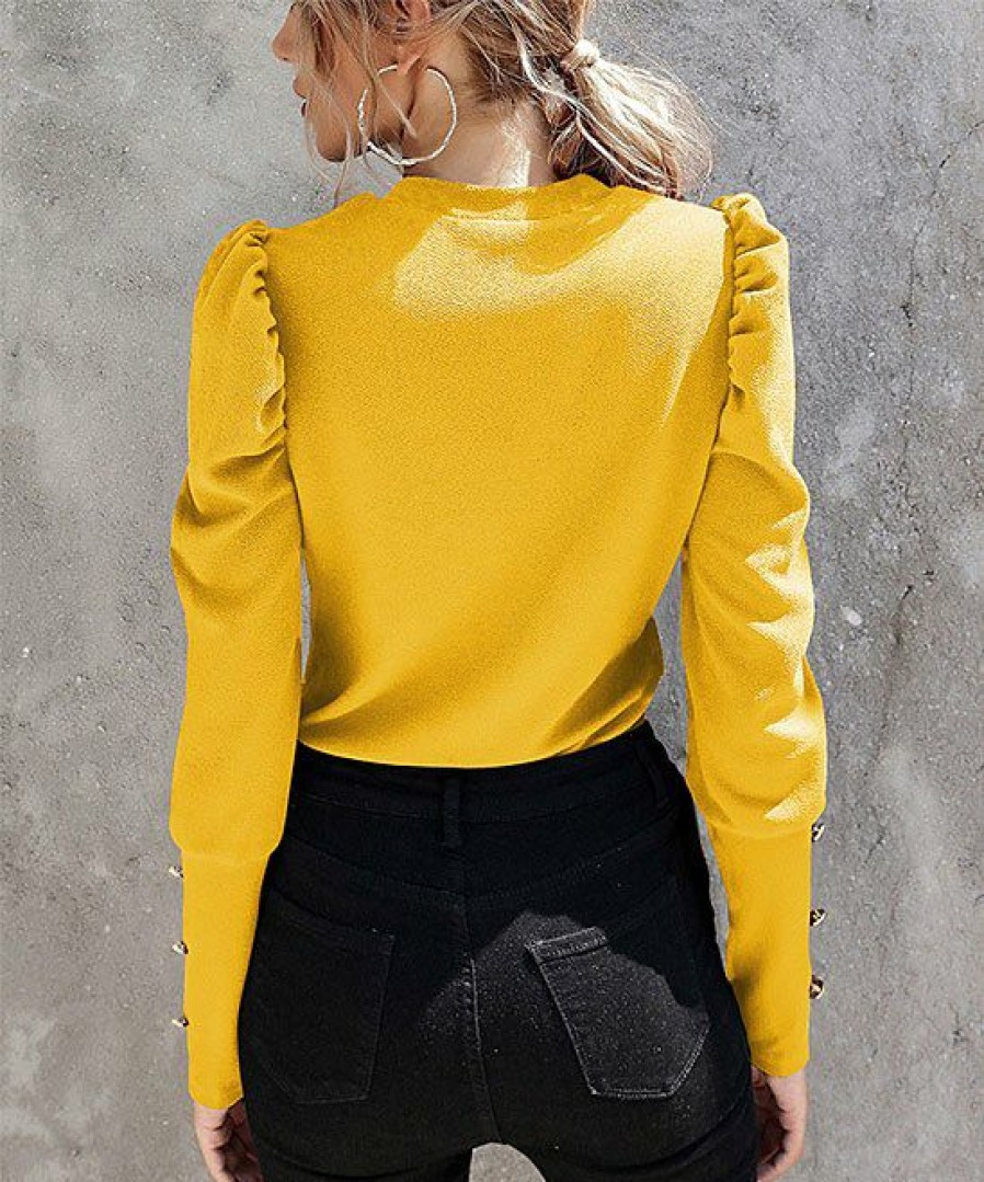 Womens Plus * | Cheap Izuria Yellow Button Mutton-Sleeve Crewneck Top Plus