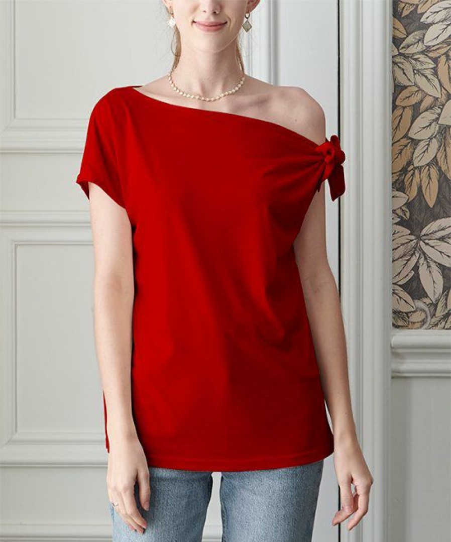 Womens Plus * | Budget Izuria Red Tie-Strap Off-Shoulder Top Plus