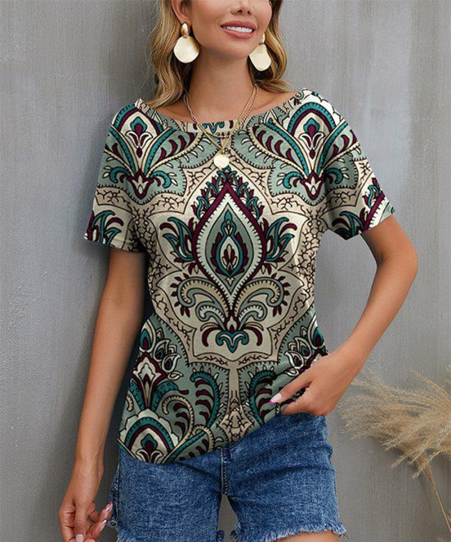 Women * | Cheapest Izuria Turquoise & Khaki Geometric Boatneck Tee Women