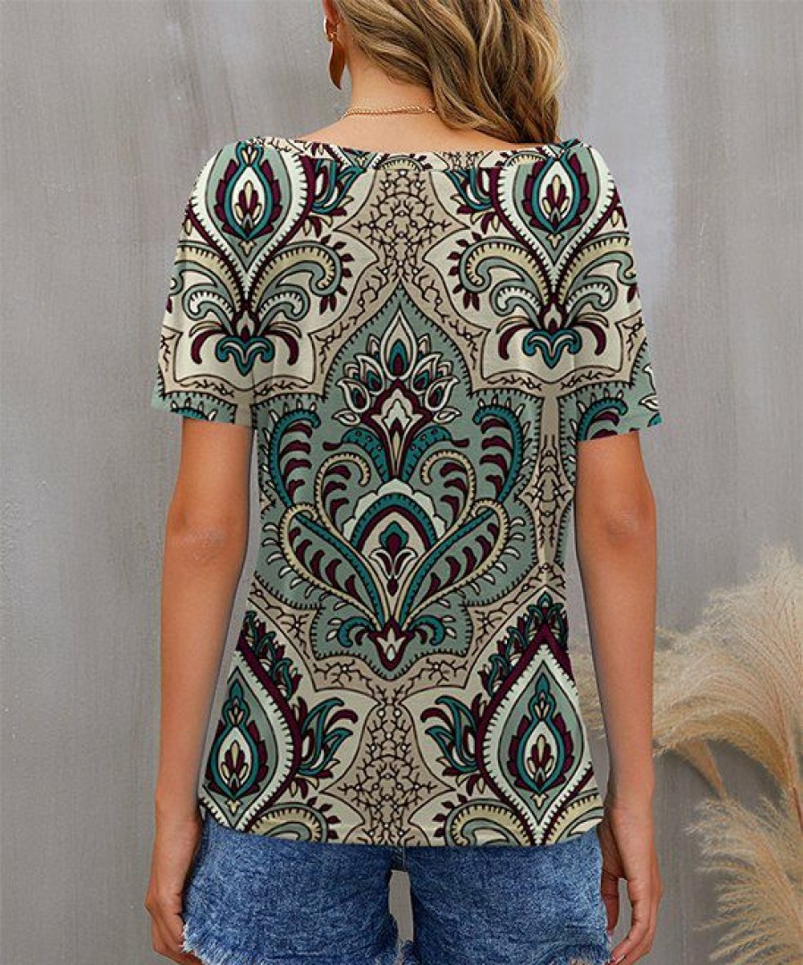 Women * | Cheapest Izuria Turquoise & Khaki Geometric Boatneck Tee Women