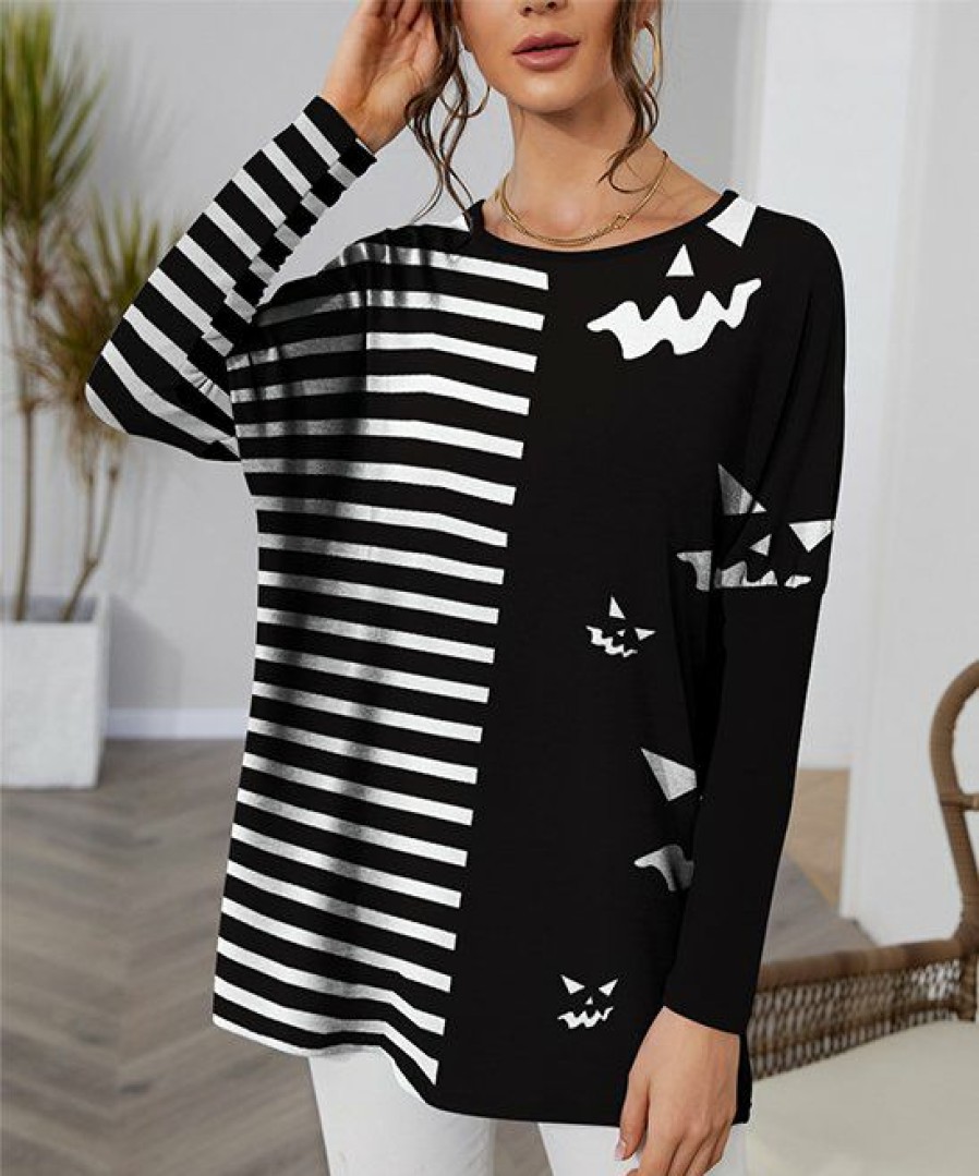 Womens Plus * | Hot Sale Izuria White & Black Stripe Jack-O'-Lantern Contrast-Sleeve Dolman Tunic Women & Plus