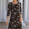 Womens Plus * | Coupon Izuria Black Abstract Faces Three-Quarter Sleeve Shift Dress Plus