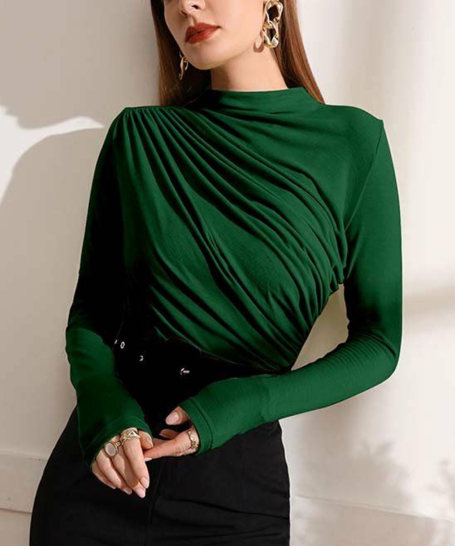 Women * | Best Pirce Izuria Dark Green Ruched-Front Long-Sleeve Mock Neck Top Women & Plus