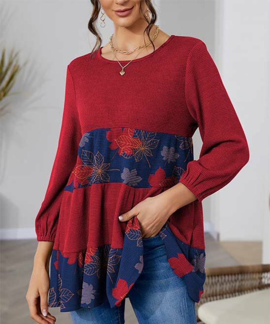 Womens Plus * | Brand New Izuria Red & Blue Maple Leaf Tiered Tunic Plus