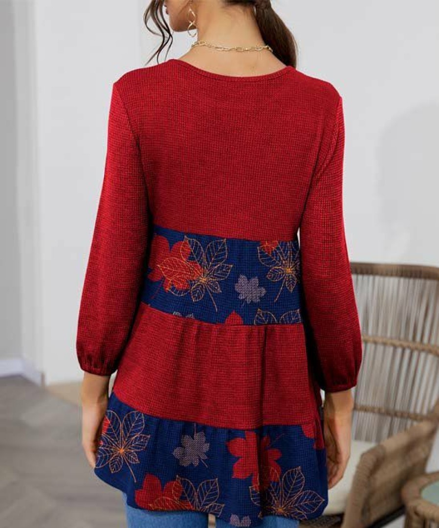 Womens Plus * | Brand New Izuria Red & Blue Maple Leaf Tiered Tunic Plus