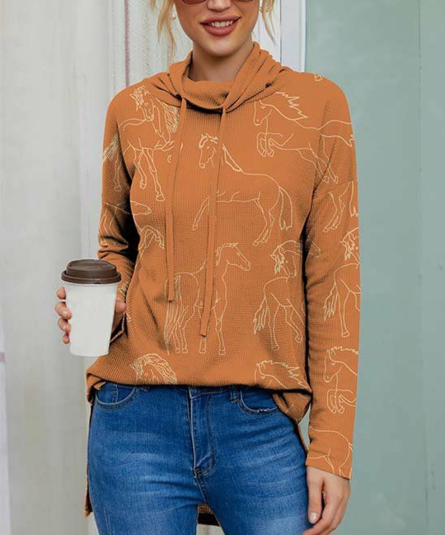 Women * | Brand New Izuria Orange & Yellow Horse Waffle-Knit Drawstring Cowl Neck Top Women