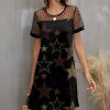 Women * | Cheapest Izuria Black & Khaki Star Sheer Polka Dot Mesh-Accent Shift Dress Women & Plus