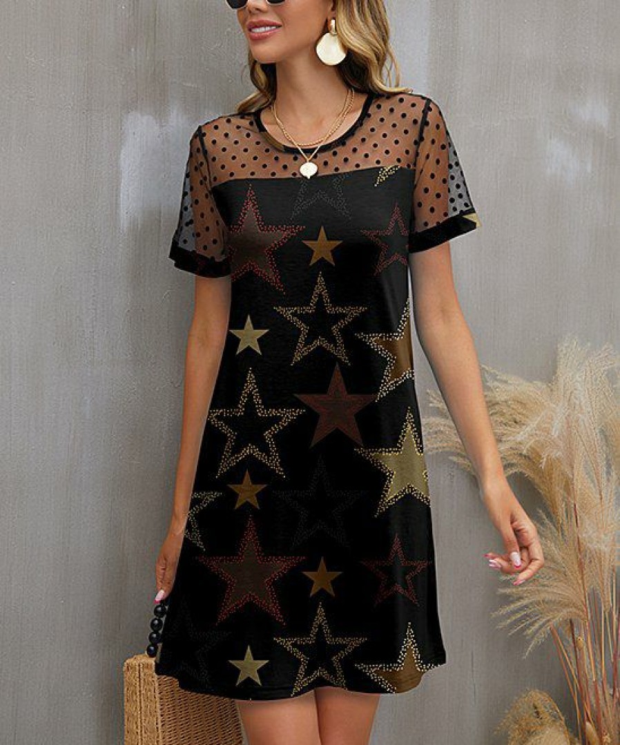 Women * | Cheapest Izuria Black & Khaki Star Sheer Polka Dot Mesh-Accent Shift Dress Women & Plus