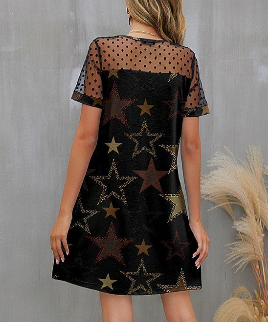 Women * | Cheapest Izuria Black & Khaki Star Sheer Polka Dot Mesh-Accent Shift Dress Women & Plus