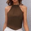 Womens Plus * | Discount Izuria Coffee Brown Ruffle-Trim Gathered-Neck Sleeveless Top Women