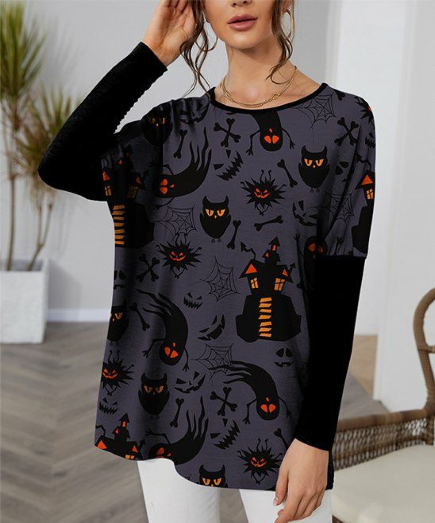 Womens Plus * | Best Reviews Of Izuria Plum & Orange Haunted House Owl Contrast-Sleeve Dolman Tunic Women