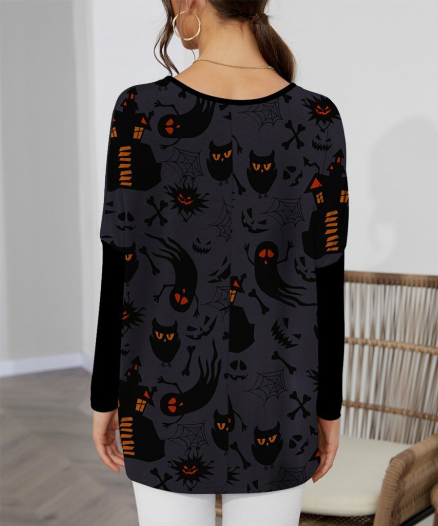 Womens Plus * | Best Reviews Of Izuria Plum & Orange Haunted House Owl Contrast-Sleeve Dolman Tunic Women