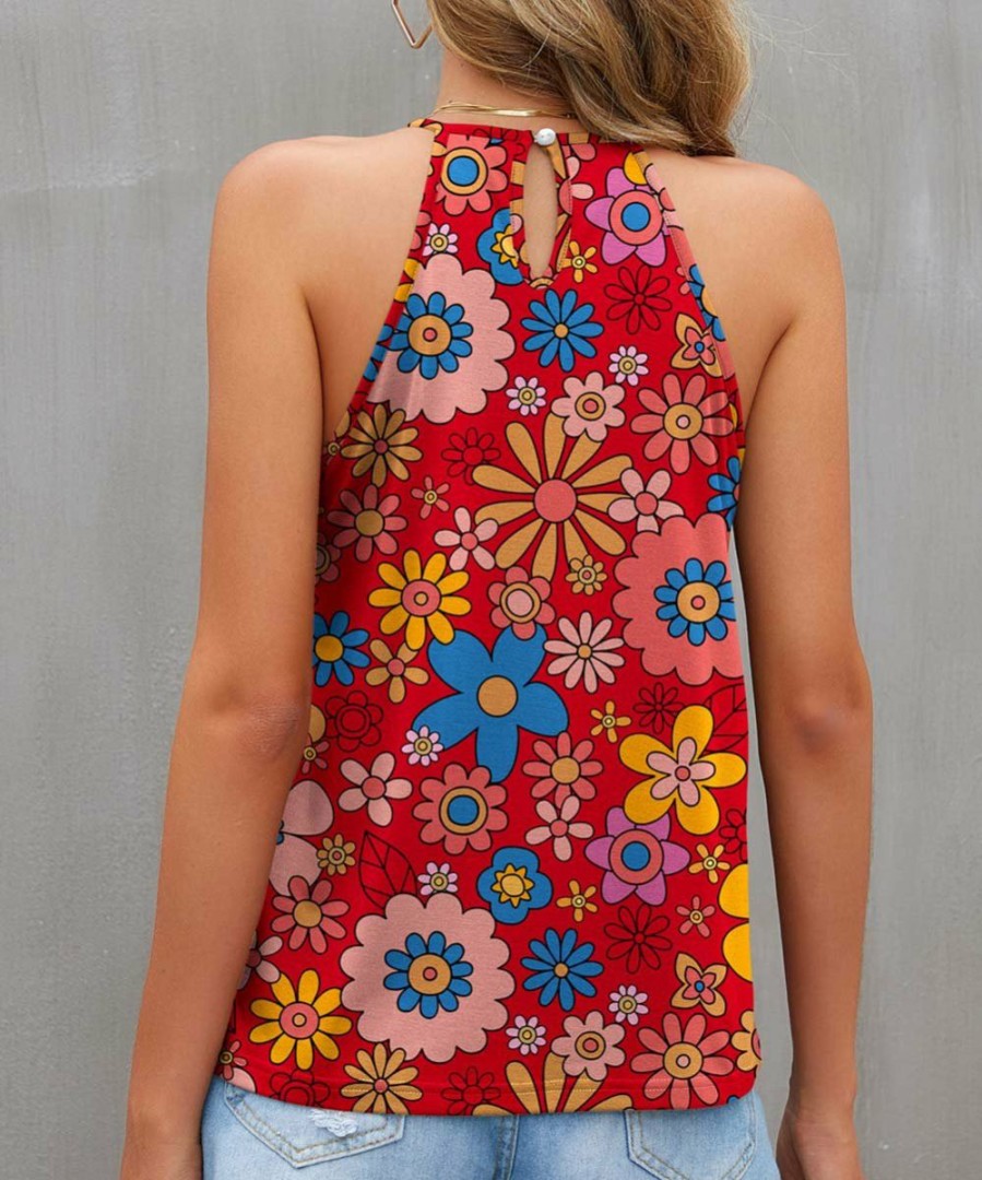 Women * | Best Reviews Of Izuria Red & Blue Floral Ruffle-Accent Halter Tank Women