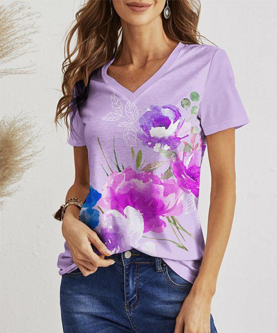 Womens Plus * | Cheap Izuria Lavender & White Floral Short-Sleeve V-Neck Top Plus