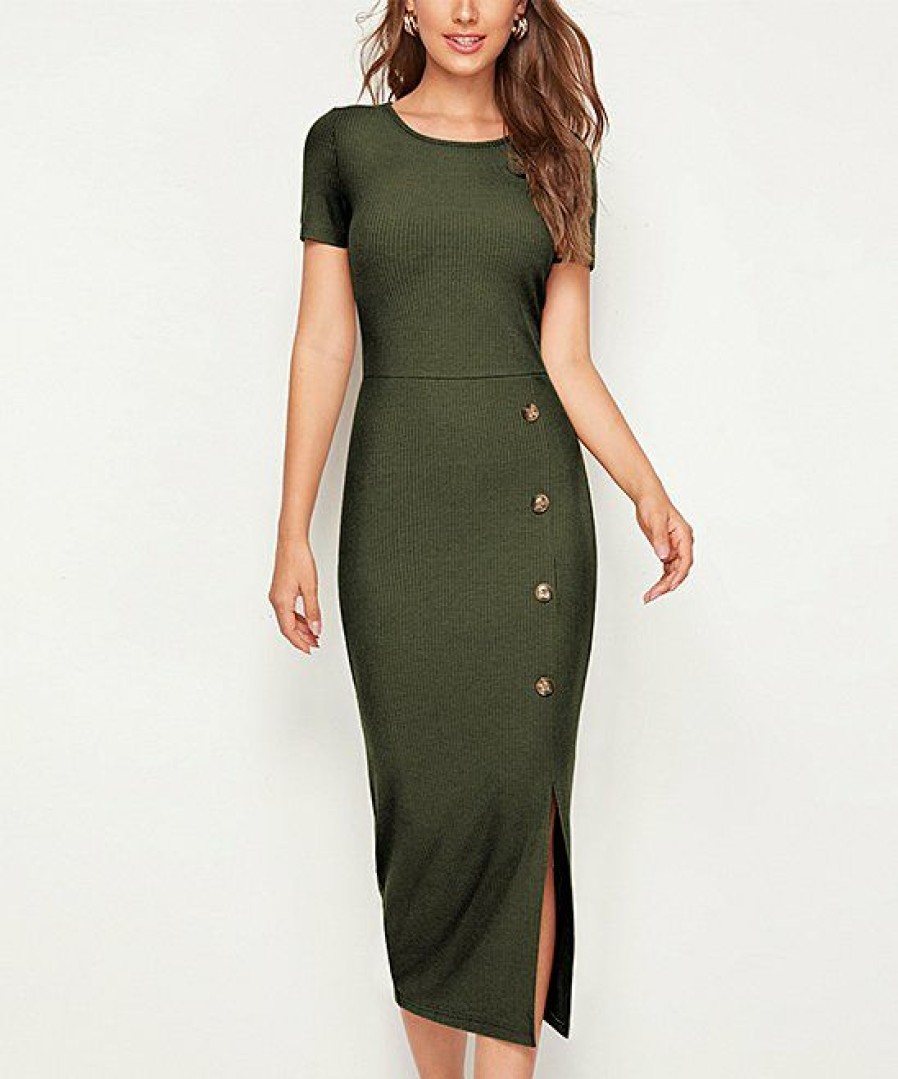 Womens Plus * | Best Pirce Izuria Army Green Button-Accent Side-Slit Midi Dress Women