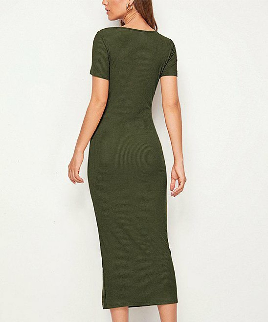 Womens Plus * | Best Pirce Izuria Army Green Button-Accent Side-Slit Midi Dress Women