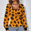 Womens Plus * | Best Sale Izuria Orange & Black Pumpkin Ghost Bishop-Sleeve Scoop Neck Top Plus