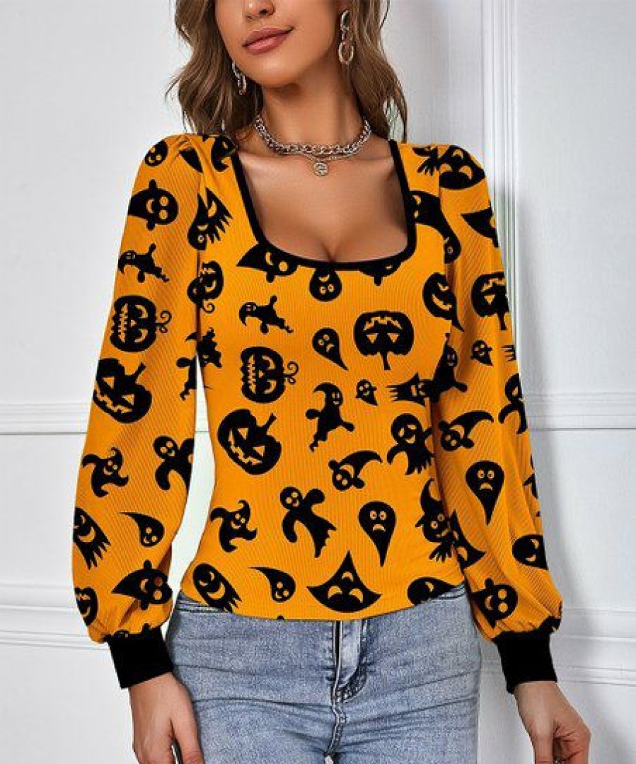 Womens Plus * | Best Sale Izuria Orange & Black Pumpkin Ghost Bishop-Sleeve Scoop Neck Top Plus