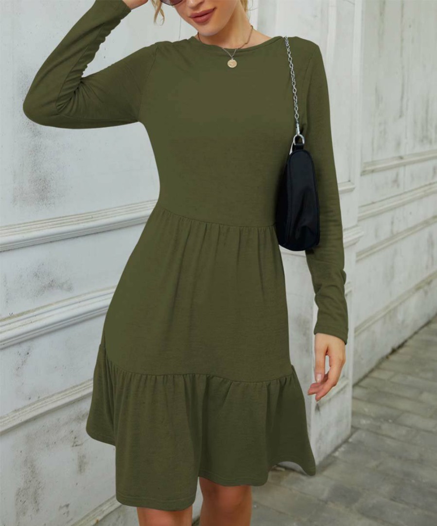 Women * | Best Reviews Of Izuria Army Green Tiered-Ruffle Long-Sleeve Dress Women