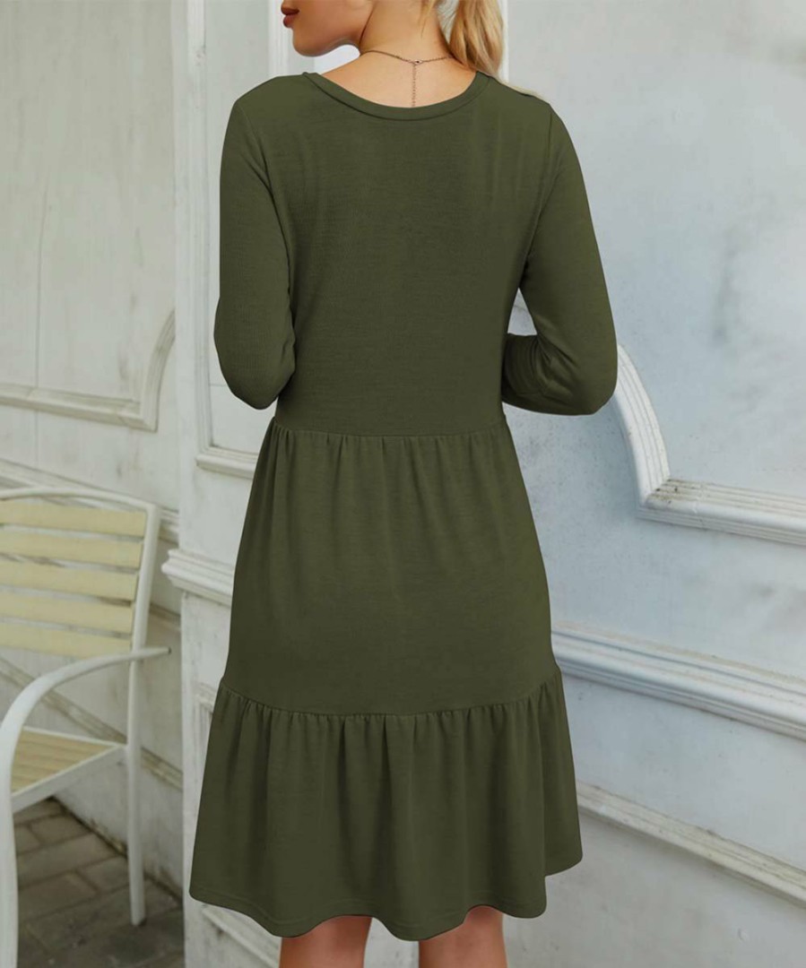 Women * | Best Reviews Of Izuria Army Green Tiered-Ruffle Long-Sleeve Dress Women