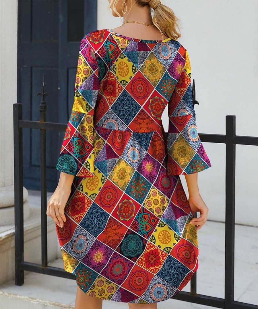 Women * | Deals Izuria Red & Blue Mandala Patchwork Bell-Sleeve Empire-Waist Dress Plus