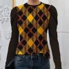 Womens Plus * | Deals Izuria Black & Yellow Plaid Mutton-Sleeve Crewneck Top Women