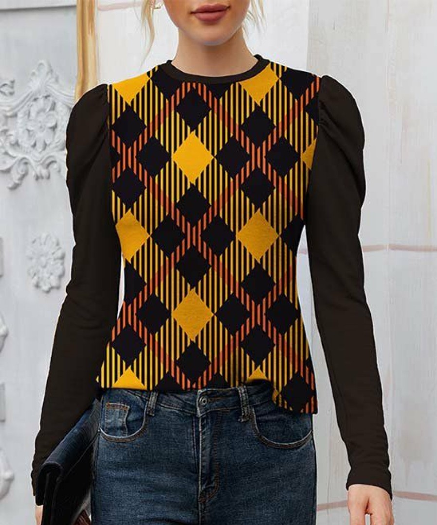 Womens Plus * | Deals Izuria Black & Yellow Plaid Mutton-Sleeve Crewneck Top Women